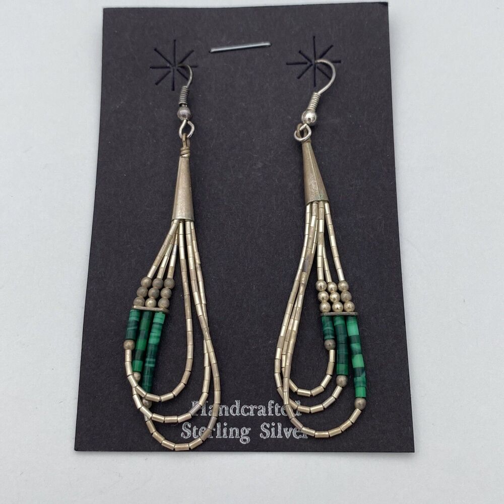 Vintage Native American SDR Sterling Silver Malachite Dangle Drop Liquid Beads
